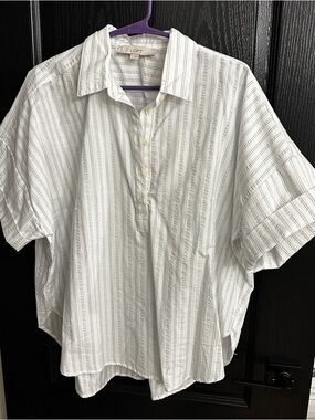 LOFT Women’s  White Striped Short-Sleeve Button Polo Shirt